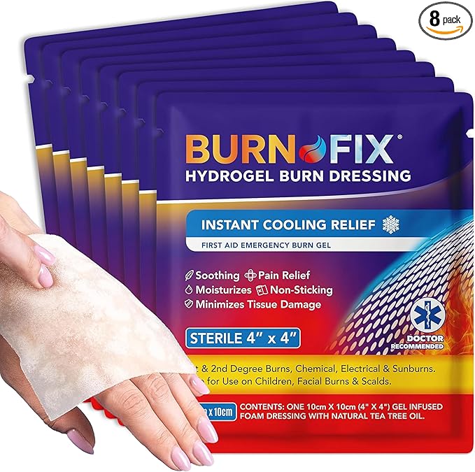 BurnFix® Hydrogel Burn Dressings 8-Pack – 4×4″ Sterile Gel-Infused Foam Patches for 1st & 2nd Degree Burns, Sunburns & Scalds | Instant Cooling Relief & Fast-Healing Non-Stick First Aid Essential (8)