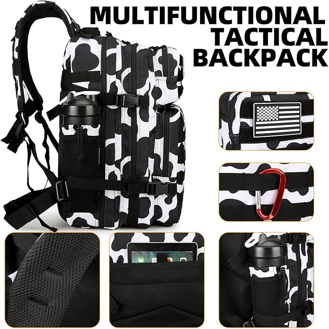 25L Tactical Backpack Military Tactical Backpack for Men and Women Small Assault Pack Outdoor Travel Hiking Camping Rucksack with Molle Webbing (Cow Print)