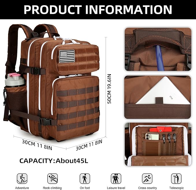 45L Tactical Assault Backpack 3 day assault pack with Molle Waterproof backpack Rucksack for Tactical Backpacks (Dark brown)