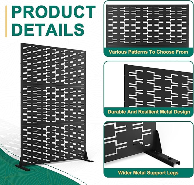 72" H×47" W Metal Privacy Screen Outdoor Privacy Screen Freestanding, Outdoor Privacy Panels for Patio Lawn Deck, Decorative Fence(Consists of 3 Panels)