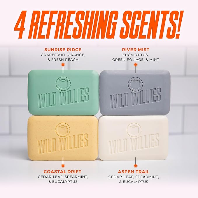 Wild Willies Moisturizing Mens Bar Soap - Bath Soaps with Shea Butter for Odor Protection - Natural Body Bar for Men - Variety Pack, 4 Pack