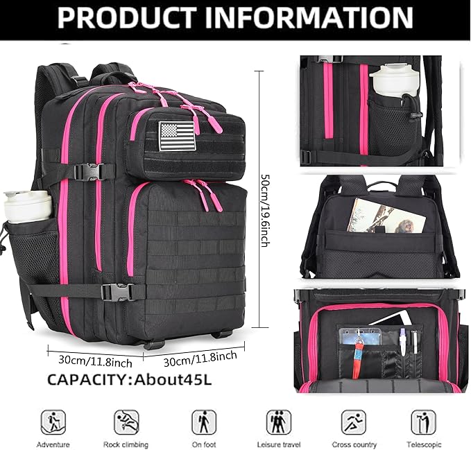 45L Tactical Assault Backpack 3 day assault pack with Molle Waterproof backpack Rucksack for Tactical Backpacks (Black Rose)