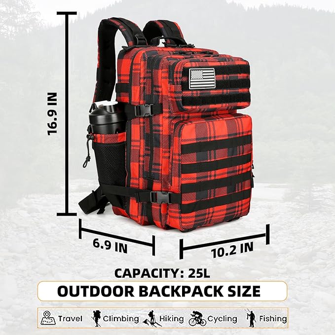 25L Tactical Backpack for Men Women Military Backpack Army Assault Pack Molle Backpack Small Bug Out Bag Travel Rucksack Daypack (Red Plaid)