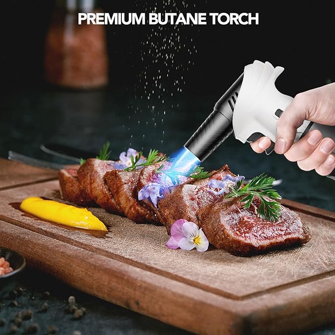 Butane Torch Lighter, 0-90°Rotating Angle Butane Lighter, Refillable Kitchen Torch with Safety Lock, Adjustable Flame for Soldering (White and Black)