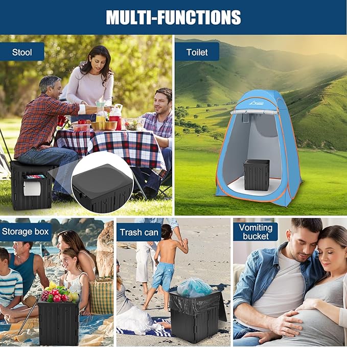 XL Portable Toilet for Adults, 15.4" H Foldable Camping Toilet with Detachable Phone Shelf and Toilet Paper Holder, Waterproof Porta Potty with Lid for Hiking, Long Road Trips, Car