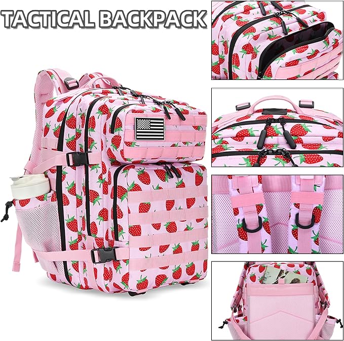 45L Tactical Assault Backpack 3 day assault pack with Molle Waterproof backpack Rucksack for Tactical Backpacks (Strawberry)