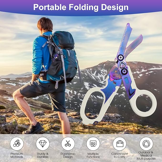 6 in 1 trauma shears, folding emergency shear, Outdoor Camping Tools, Seat Belt Cutter, Oxygen Cylinder Wrench, Complimentary Adjustable Wrench (Luminous Purple)