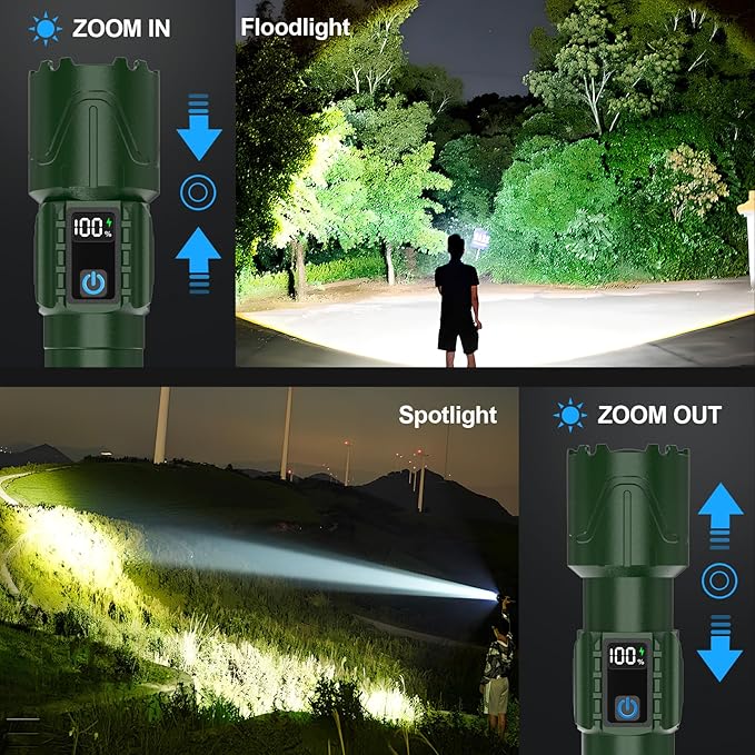 Rechargeable Flashlights High Lumens - Super Bright LED Tactical Flash Light, Powerful Waterproof Handheld USB C Flashlight for Camping,Emergencies,Home,5 Modes,Zoomable (1, Green)