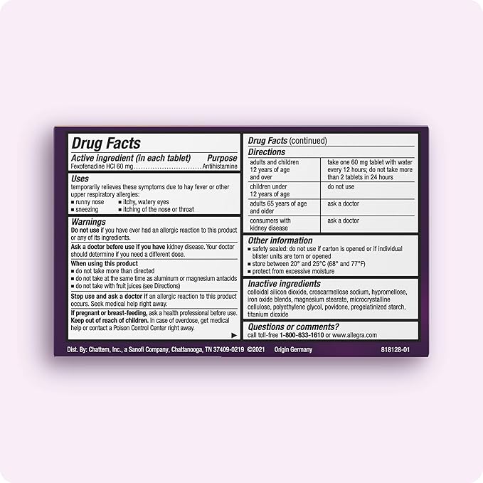 Allegra Adult 12-Hour Allergy Relief Tablets, Non-Drowsy Indoor and Outdoor Allergy Medicine, 60 mg Fexofenadine HCI Antihistamine Pill, 24-Count