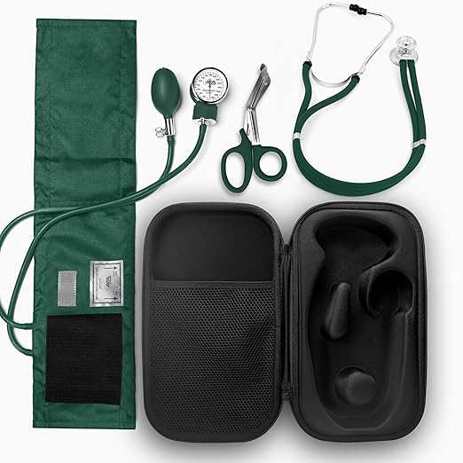 ASA TECHMED Medical Starter Kit - Stethoscope, Durable Blood Pressure Monitor, and EMT Shears and Protective Carrying Case Ideal for Healthcare Professionals, Hunter Green