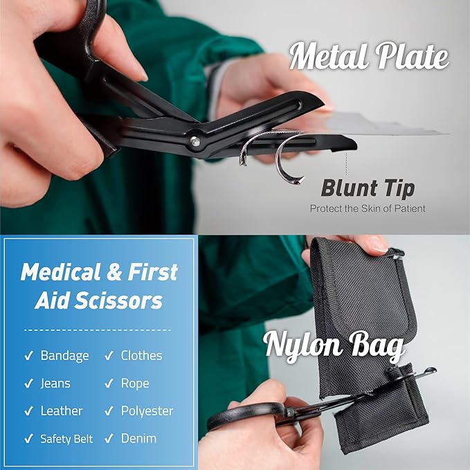 Trauma Shears 4-Pack 7.5 inch, Bandage Scissors Set, EMT & Medical Scissor, Large First Aid scissors, for Nurse, Fluoride-Coated with Non-Stick Blades by LI JIU® (4 Pack Black Fluoride-Coated)