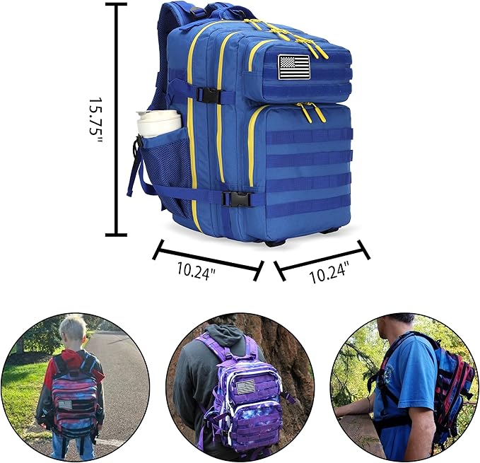 25L Tactical Military Backpack Small Travel Rucksack for Men and Women Assault Pack Bug Out Bag Molle Daypack Gym Backpack with Bottle Holder (Blue Yellow)