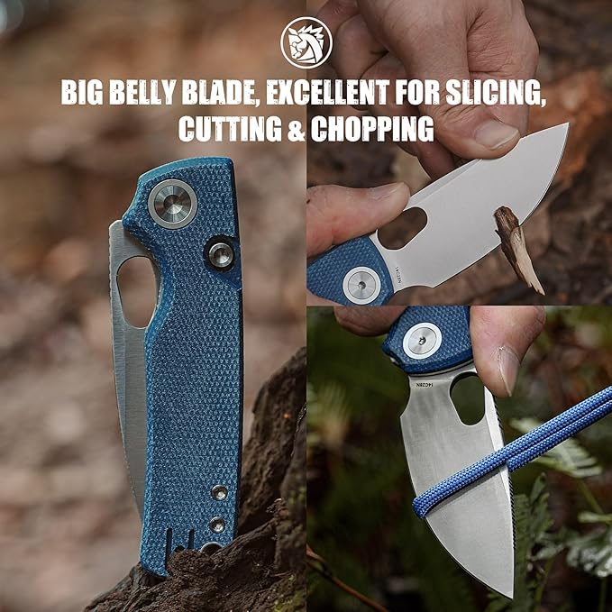 Vosteed Porcupine EDC Pocket Knife, Lightweight Folding knife - 2.99" 14C28N Steel Blade, Thumb hole, Blue Micarta Handle Top Liner Lock Knives for Camping Survival - A2605