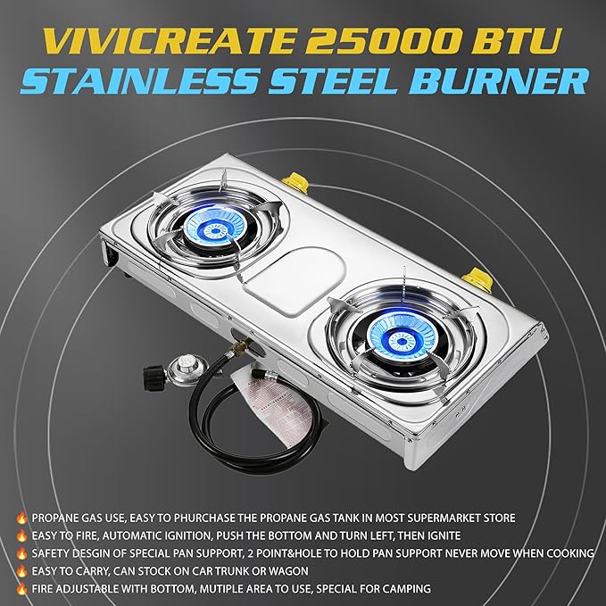 Vivicreate 2 Burner Propane Gas Stove 25000 BTU Stainless Steel Cooktop Outdoor Camping Stove Portable Double Burner for BBQ Boiling Frying Cooking Estufa de Gas Portátil Fogón de Gas