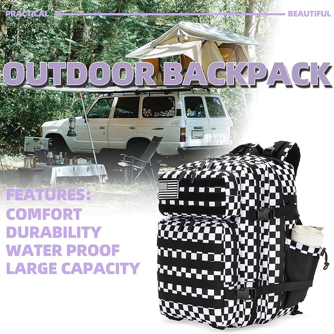 25L Tactical Military Backpack Small Travel Rucksack for Men and Women Assault Pack Bug Out Bag Molle Daypack Gym Backpack with Bottle Holder (Black White Checkered)