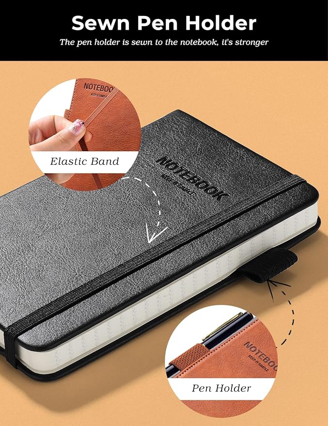 AISBUGUR Pocket Notebook Small Notebook 2-Pack, 3.5" x 5.5" Pocket Notebooks Hardcover with Thick Lined Paper, Inner Pockets, Cover Letter Embossing Design Mini Journal Notepad 1Black 1Brown
