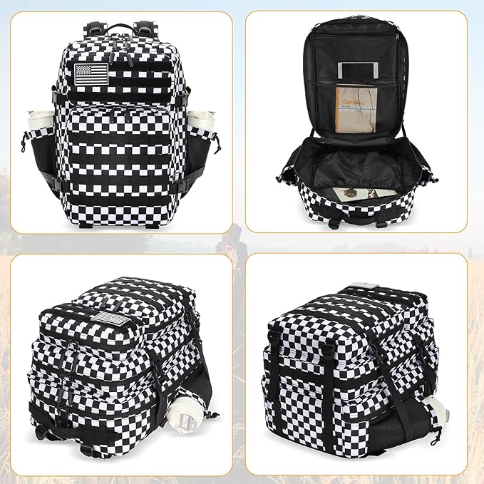 25L Tactical Military Backpack Small Travel Rucksack for Men and Women Assault Pack Bug Out Bag Molle Daypack Gym Backpack with Bottle Holder (Black White Checkered)