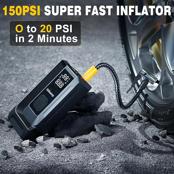 7-in-1 Jump Starter 6000A Car Jumper Starter Portable with 150PSI Portable Air Compressor, 12V Car Battery Charger, Tire Inflator, Flashlight, Power Bank