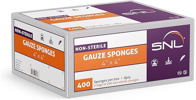 All-Purpose Gauze - 4" X 4" - Box of 400 - by SNL Quality, Non-Sterile, Latex Free, Gauze Sponge Pads, 8 Ply - (2x 200 Packs Inside), Ideal for First Aid, Beauty Applicator, Absorbent Dressing Bandage