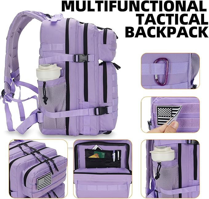 25L Tactical Backpack for Men Women Military Backpack Army Assault Pack Molle Backpack Small Bug Out Bag Travel Rucksack Daypack (Light Purple)