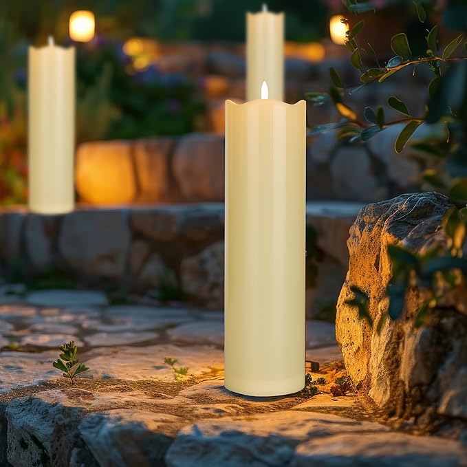 4" x14" Outdoor Candles with Timer Waterproof Large Flickering Flameless Candles with Remote Plastic Tall Pillar Candles for Indoor Outdoor Use, Ivory 1Pack
