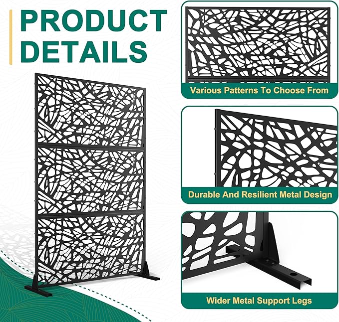 72" H×47" W Metal Privacy Screen Outdoor Privacy Screen Freestanding, Outdoor Privacy Screens and Panels for Patio Lawn Deck, Outdoor Privacy Panels Decorative Privacy Fence(Consists of 3 Panels)