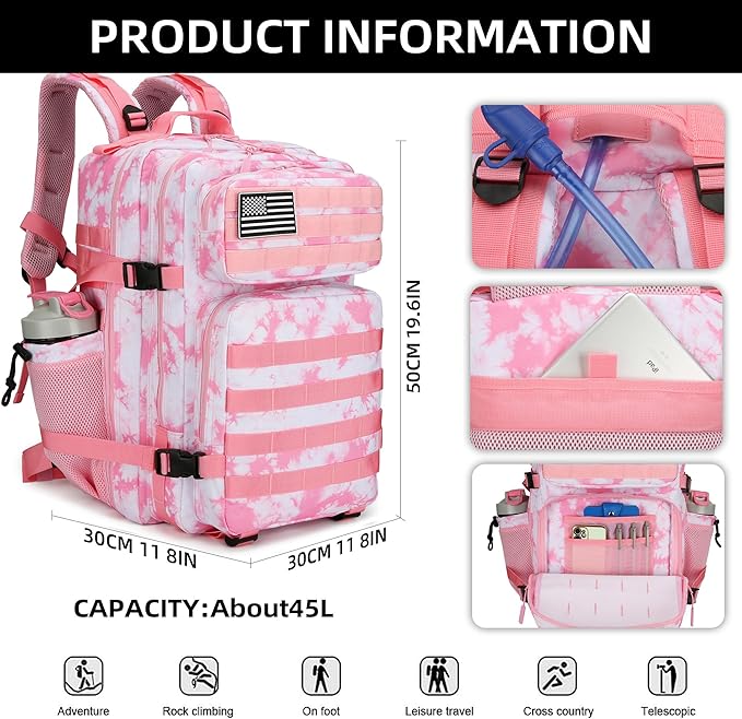 45L Tactical Assault Backpack 3 day assault pack with Molle Waterproof backpack Rucksack for Tactical Backpacks (Pink coral)
