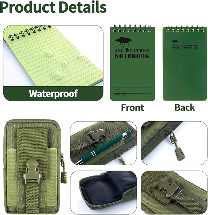 7 Piece Waterproof Notebook, 3 X 5 Inch waterproof notebook and pen with Waterproof Multi Functional Waist Pack for Outdoor Activities Recording (Army Green)