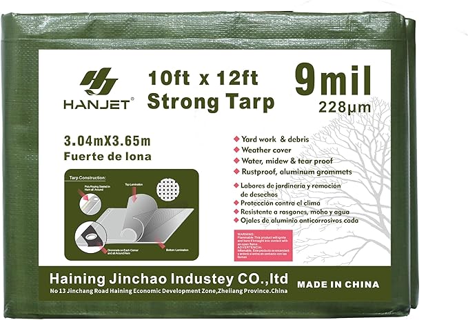 Waterproof 10 x 12 Feet Tarp Heavy Duty 9-mil Thick Multi-Purpose Covers Army Green PE Tarpaulin
