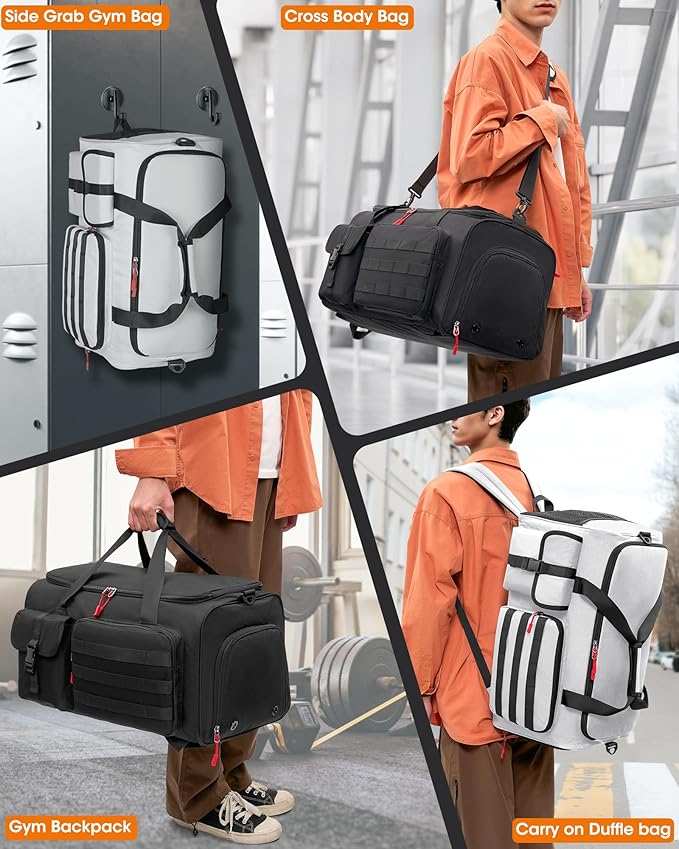 RAINSMORE Gym Bag for Men, 45L Sports Travel Duffel Bag with Shoe & Laptop Compartment, Gym Workout Backpack Carry On Weekender Bag Overnight Backpack for Travel, Grey