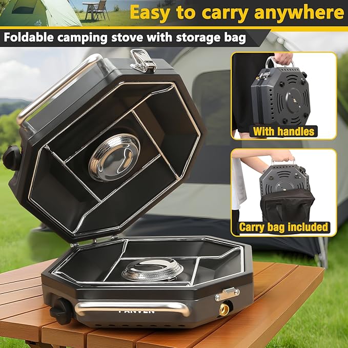 Camping Stove Propane, 2 Burner Camp Stove, 20,000 BTU Propane Camping Stoves, Portable Gas Stove with Windscreen, Storage Bag, Regulator for Picnic, BBQ, Tailgating