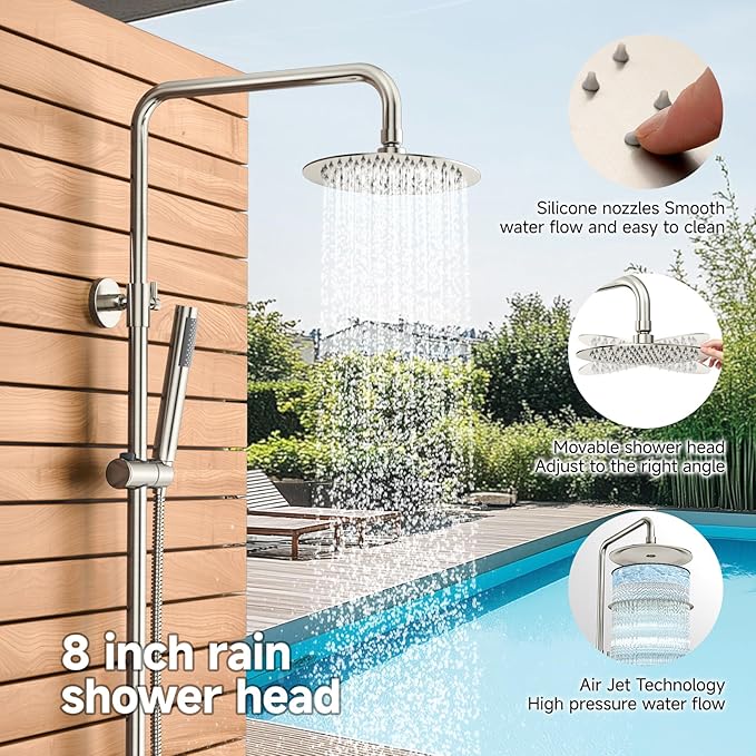 Rainsworth Outdoor Shower Kit Brushed Nickel - Single Handle Brass Valve, 8 Inch Rain Shower Head and Handheld Spray Shower Fixture Combo, SUS 304 Stainless Steel Wall-Mounted Faucet