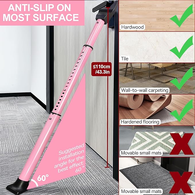 AceMining Upgraded Door Security Bar & Sliding Patio Bar, Heavy Duty Stoppers Adjustable Jammer for Home, Apartment, Travel (1 Pack,Pink)
