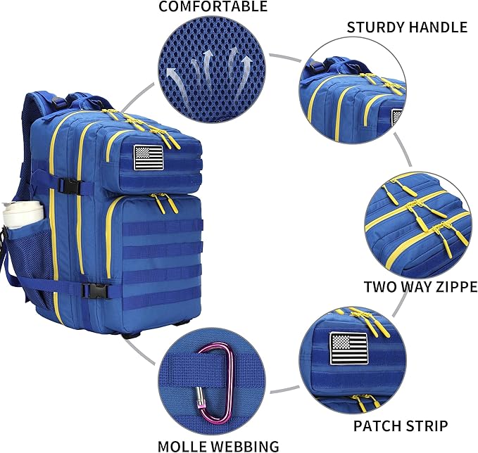 25L Tactical Military Backpack Small Travel Rucksack for Men and Women Assault Pack Bug Out Bag Molle Daypack Gym Backpack with Bottle Holder (Blue Yellow)