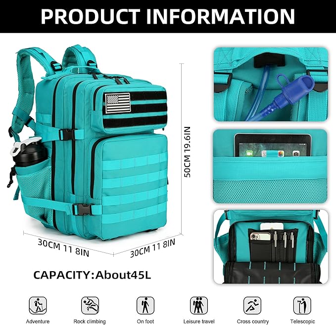 45L Tactical Assault Backpack 3 day assault pack with Molle Waterproof backpack Rucksack for Tactical Backpacks (Lake Blue)