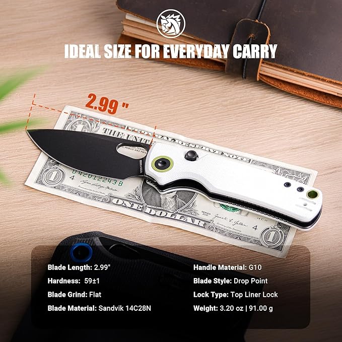 Vosteed Porcupine EDC Knife, Folding Pocket knife for Men & Women, 2.99 Inch 14C28N Steel Wider Blade, Thumb hole, G10 Handle Top Liner Lock Knives for Camping Outdoor - A2606