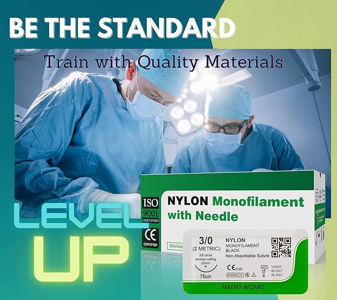 3-0 Sterile Sutures Thread with Needle (Black Monofilament) - Medical and Nursing Student's Surgical Practice Suture Kit, Training with Stitching Pad, First Aid Field Emergency Demo, Vet Use