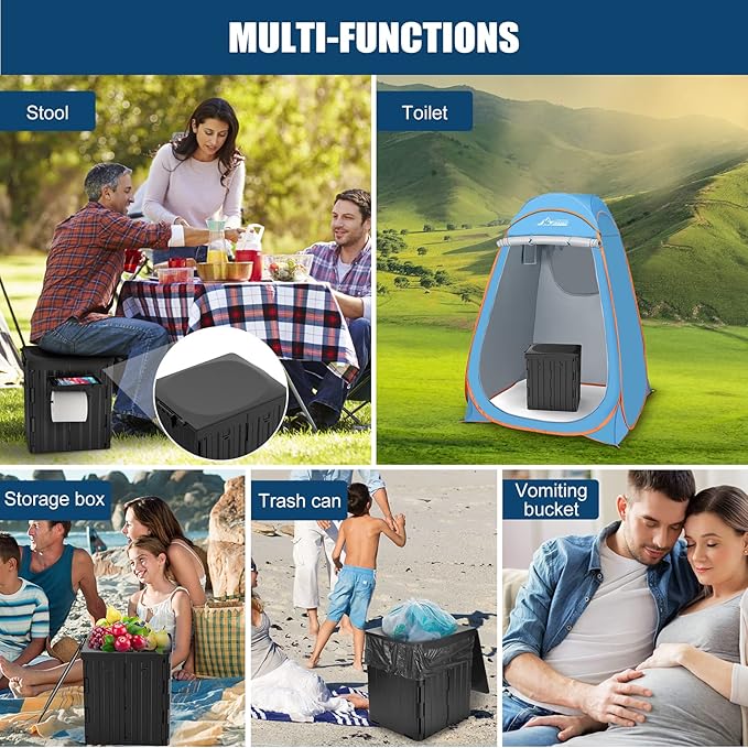 XL Portable Toilet for Adults, 15.4" H Foldable Camping Toilet with Detachable Phone Shelf and Toilet Paper Holder, Waterproof Porta Potty with Lid for Hiking, Long Road Trips, Car