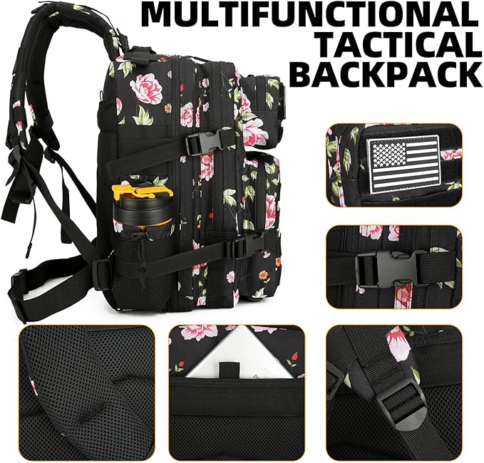 25L Tactical Military Backpack Small Travel Rucksack for Men and Women Assault Pack Bug Out Bag Molle Daypack Gym Backpack with Bottle Holder (Peony)