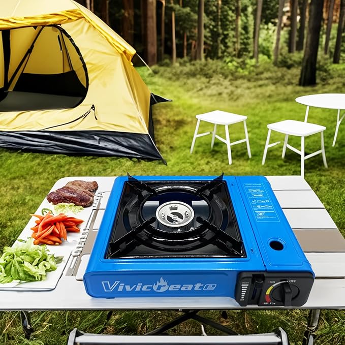Vivicreate 7000 BTU Portable Butane Gas Stove for Camping Cooking Outdoor, Lightweight Portable Stove Burner with Auto Ignition, Estufa de Gas PortĆ”til para Camping al Aire Libreļ¼Blueļ¼