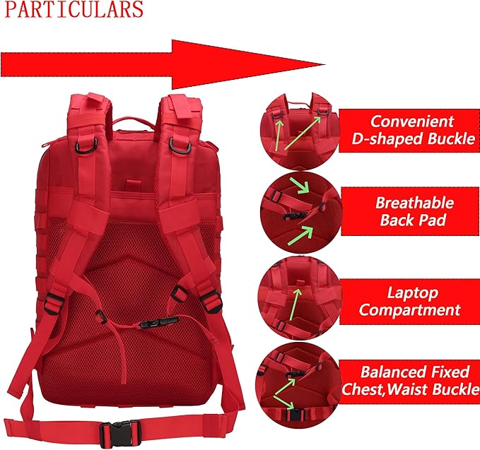 45L Military Tactical Backpack for Men & Women Bug Out Bag Assault pack Molle Daypack Hiking Trekking Rucksack(45L red)