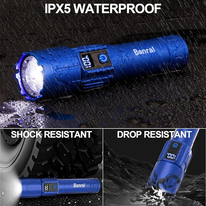 Rechargeable Flashlights High Lumens - Super Bright LED Tactical Flash Light, Powerful Waterproof Handheld USB C Flashlight for Camping,Emergencies,Home,5 Modes,Zoomable (2, Blue)