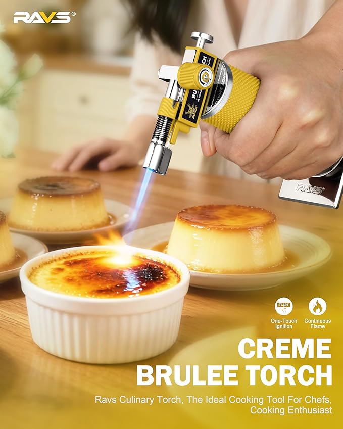 RAVS 2 Flame Mode Butane Torch Lighter, Refillable Kitchen Torch with Adjustable Flame and Safety Buckle, Yellow Jewelry Torch for Welding, Resin Art, Industrial, Butane Fuel not Include