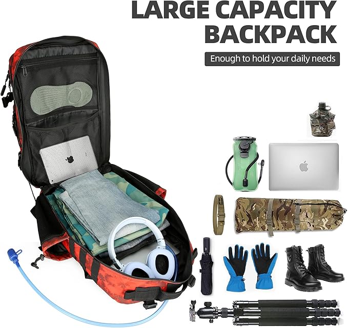 45L Tactical Assault Backpack 3 day assault pack with Molle Waterproof backpack Rucksack for Tactical Backpacks (Red water pattern)