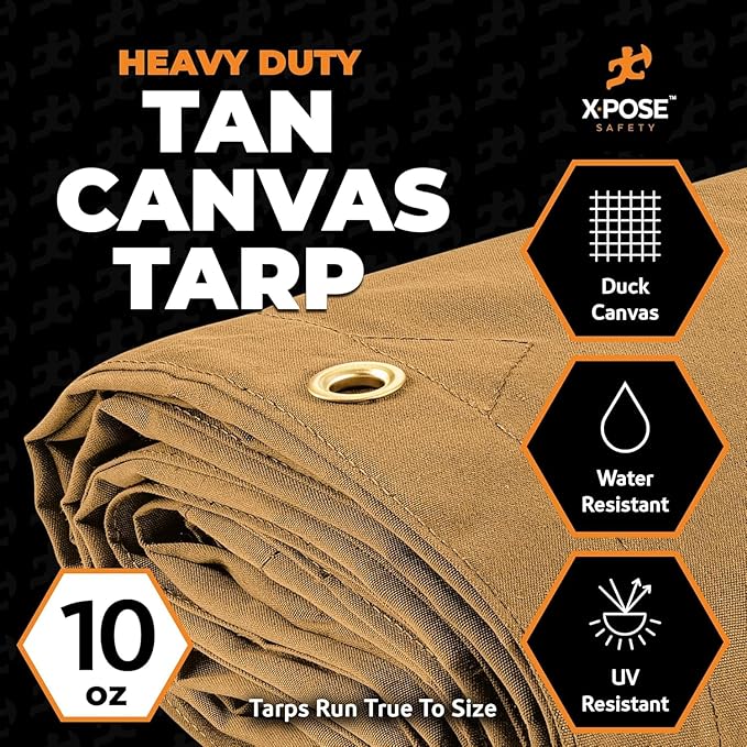 Xpose Safety Canvas Tarp - 10oz Tan Canvas Tarps Heavy Duty Water Resistant with Brass Grommets- Multipurpose Outdoor Tarpaulin for Camping, Canopy, Trailer, Equipment Cover 6' x 6' (2 Pack)