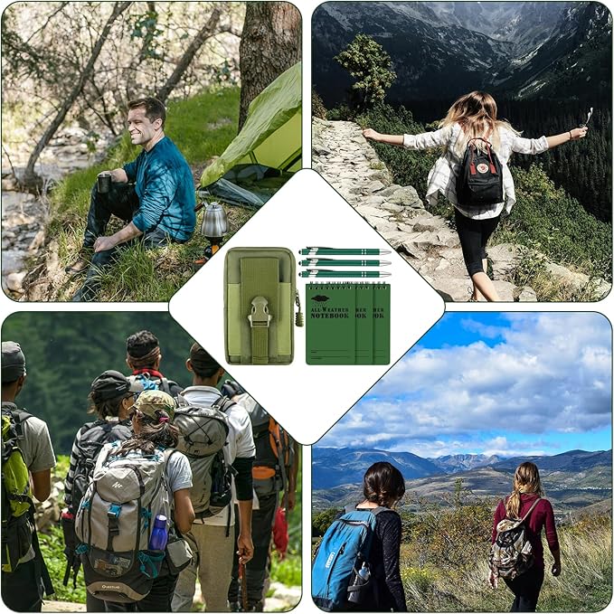 7 Piece Waterproof Notebook, 3 X 5 Inch waterproof notebook and pen with Waterproof Multi Functional Waist Pack for Outdoor Activities Recording (Army Green)