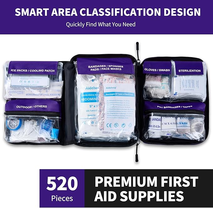 520 Pieces Premium First Aid Kit - Large Emergency Medical Kit for Survival, Car, Home, Travel, Camping, Backpack, Hiking, School (Purple)