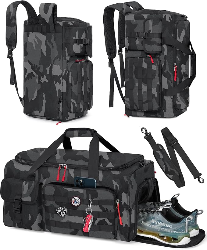 RAINSMORE Gym Bag for Men, 45L Sports Travel Duffel Bag with Shoe & Laptop Compartment, Gym Workout Backpack Carry On Weekender Bag Overnight Backpack for Travel, Black Camo