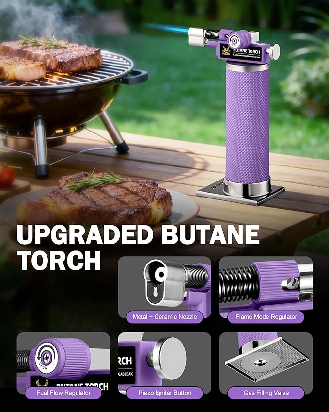 RAVS Butane Torch, 2 Flame Mode Soldering Torches, Kitchen Torch with Adjustable Flame, Industrial Soldering Torches for DIY, Brazing, Welding, Resin Art, Purple Mini Torch, Butane not Include
