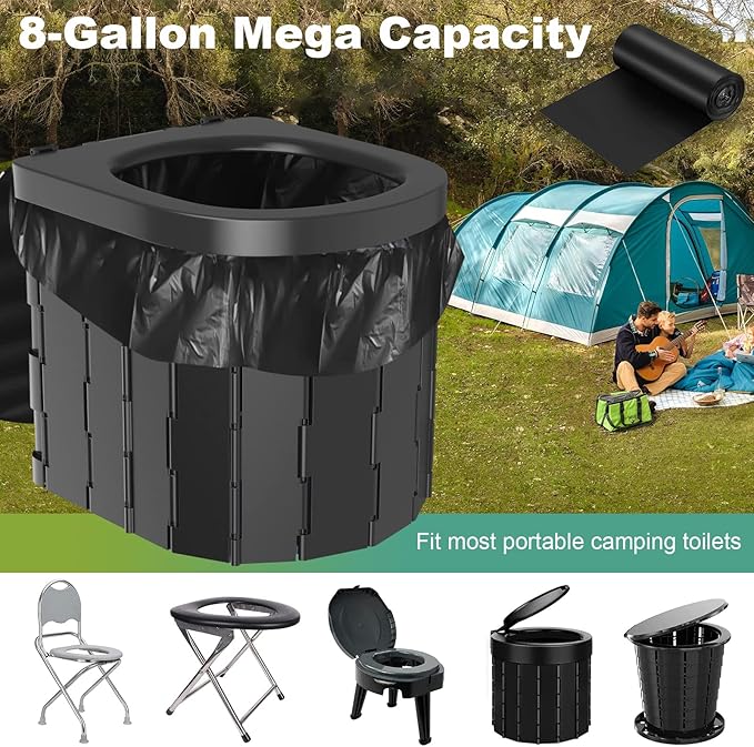 100 PCS Portable Toilet Bags for Camping, Drawstring Biodegradable Porta Potty Bag - 8 Gallon Thickened Waste Bag for 5 Gallon Bucket Toilets, Compostable Bags for Adults (100 Count)